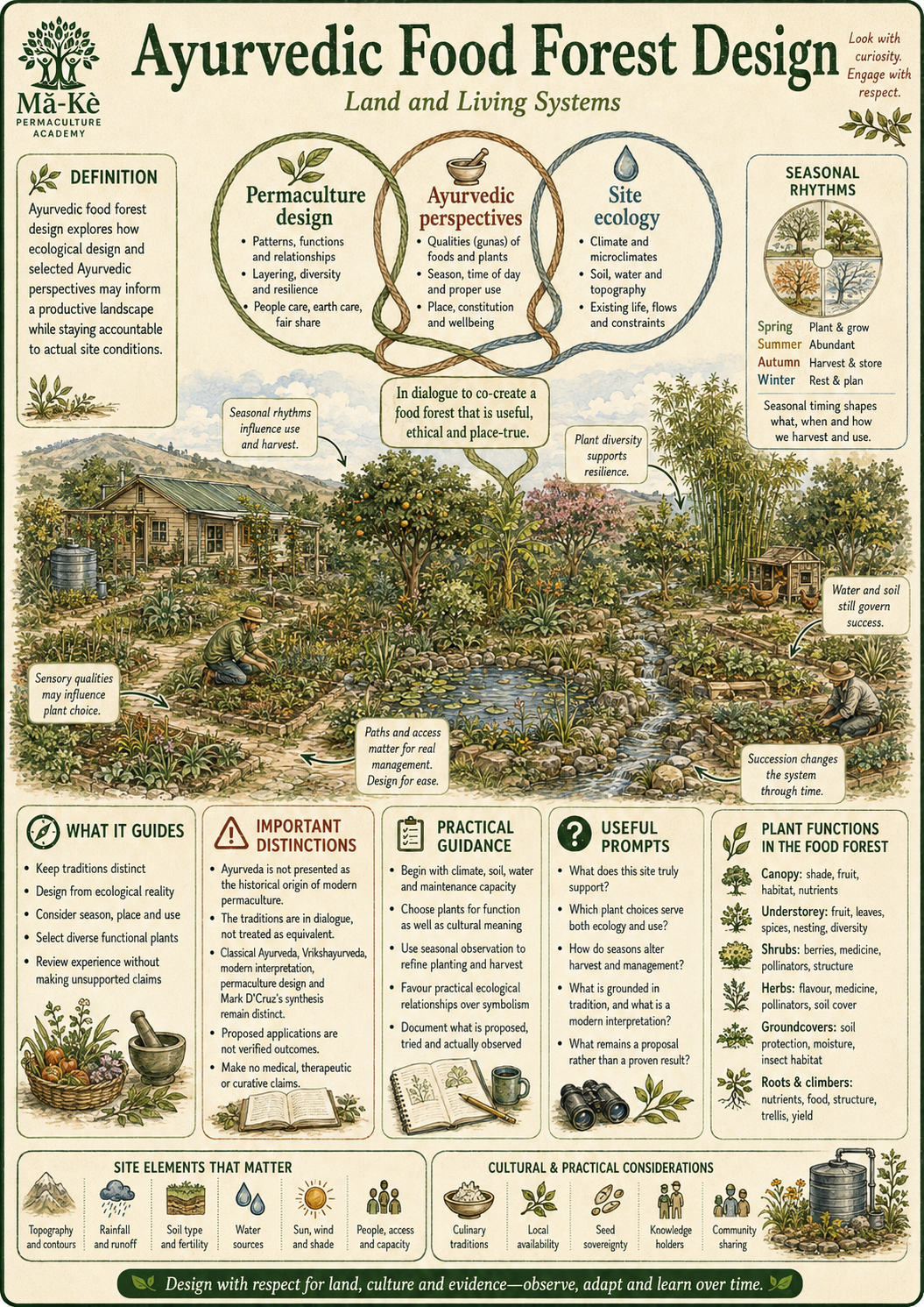 Portrait infographic keeping permaculture design, Ayurvedic perspectives and site ecology distinct while showing their cautious dialogue in a seasonal, place-based food forest design.