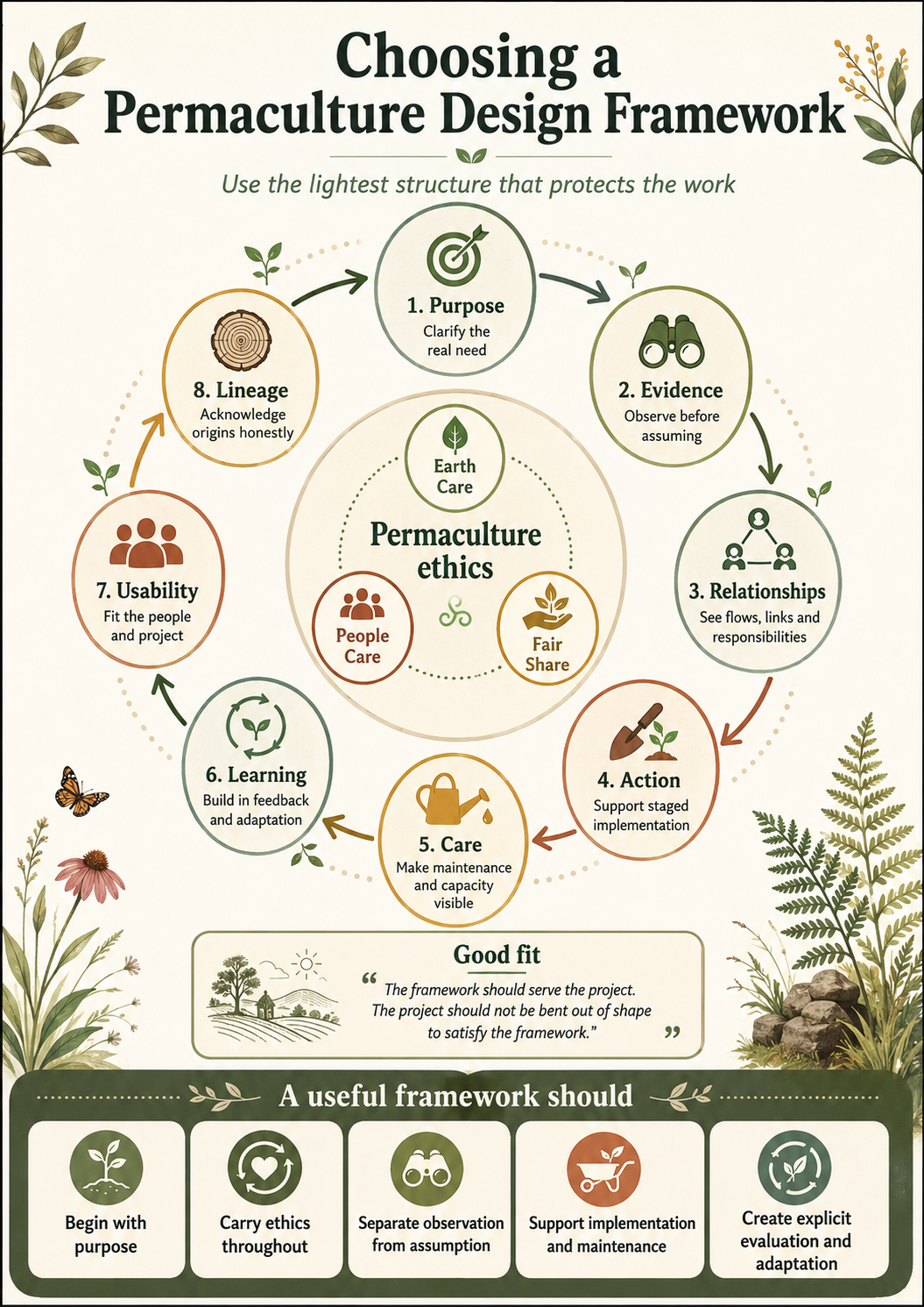Eight considerations for choosing a permaculture design framework: purpose, evidence, relationships, action, care, learning, usability and lineage, with permaculture ethics at the centre.