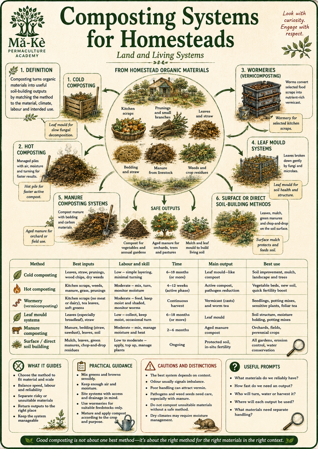 Portrait infographic comparing cold composting, hot composting, wormeries, leaf mould, manure composting and direct surface soil-building by inputs, labour, time, outputs and best uses.