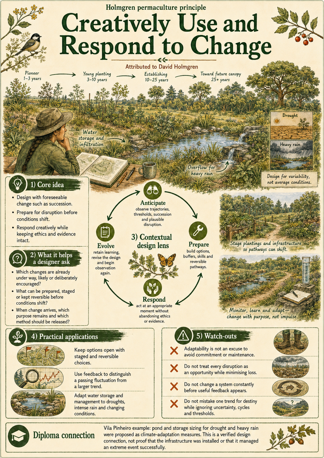 Portrait educational infographic for Creatively Use and Respond to Change, showing succession, drought and heavy-rain variability considered through anticipation, preparation, response and evolution.