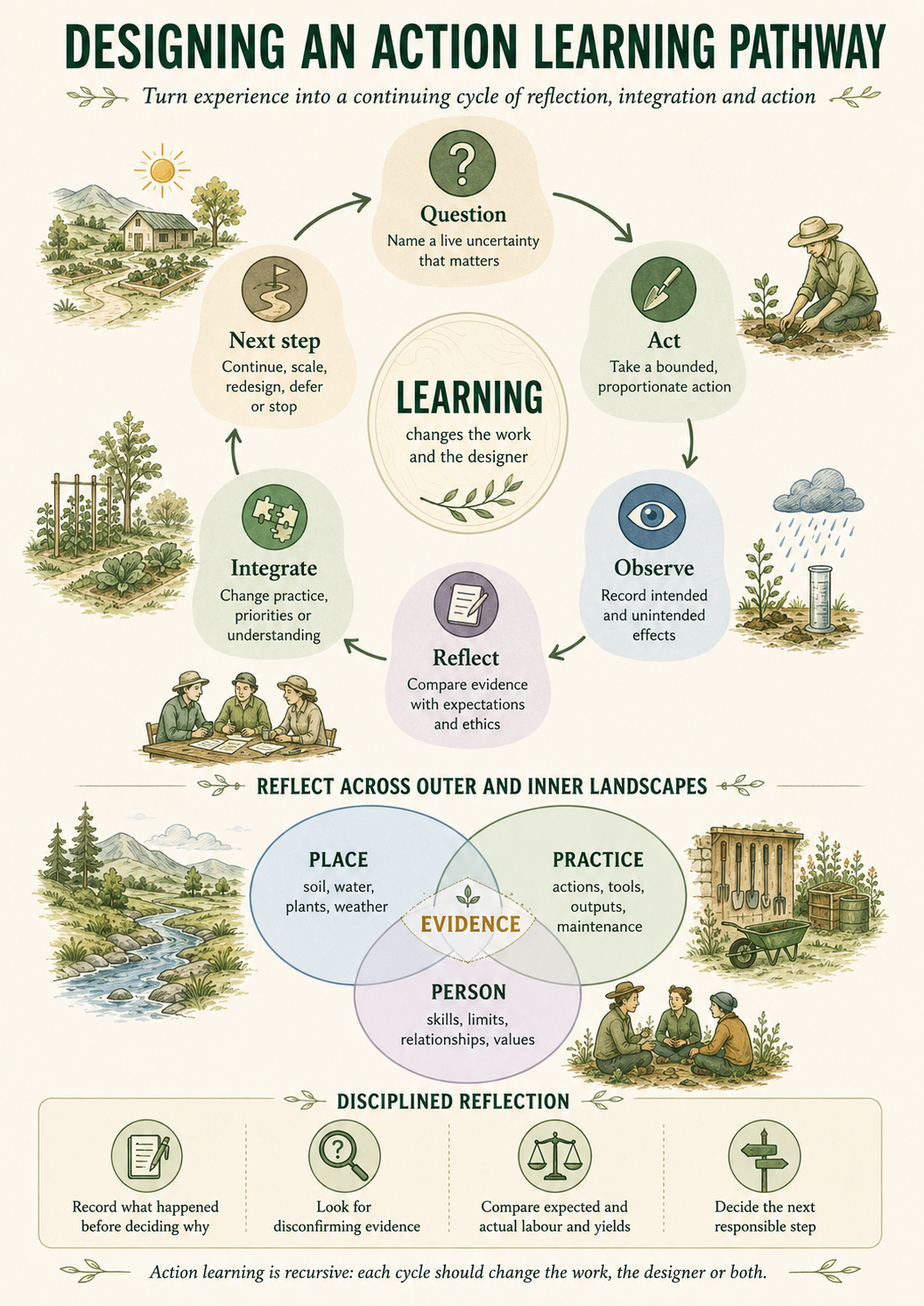 Infographic showing a recursive action-learning pathway. A live question leads to bounded action, observation of intended and unintended effects, reflection against evidence and ethics, integration into changed practice or understanding, and a decision to continue, scale, redesign, defer or stop. Evidence is considered across place, practice and person.