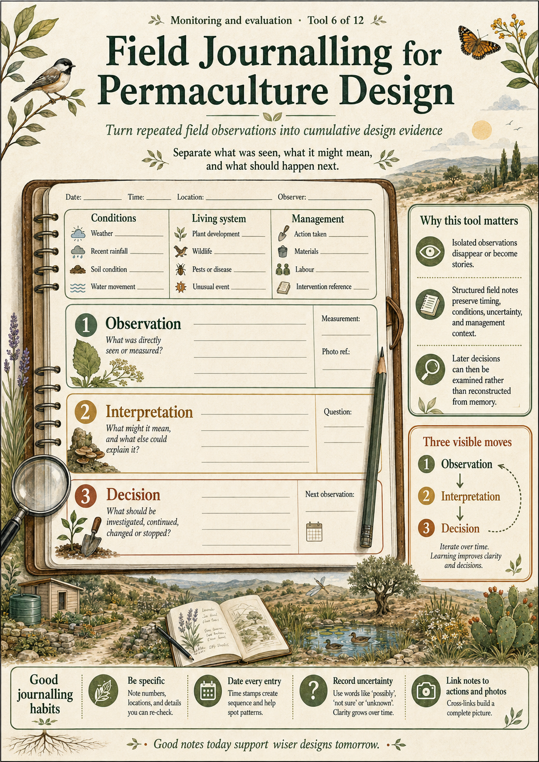 Field journal template separating conditions, living-system and management records into observation, interpretation and decision, with prompts for dates, uncertainty, actions and photographs.