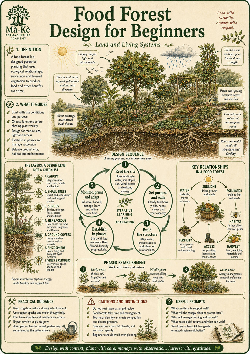 Portrait infographic showing a food forest as a phased living system of canopy, smaller trees, shrubs, herbs, ground covers, roots and climbers, shaped by water, access, succession and maintenance.