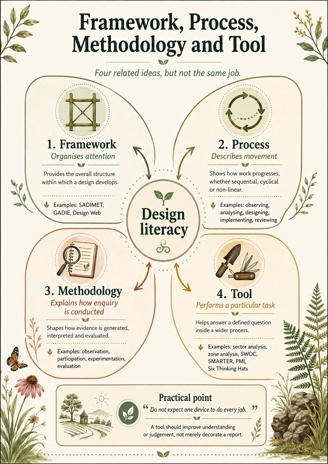 An illustrated comparison of a framework, process, methodology and tool, showing the different role each plays in design literacy.
