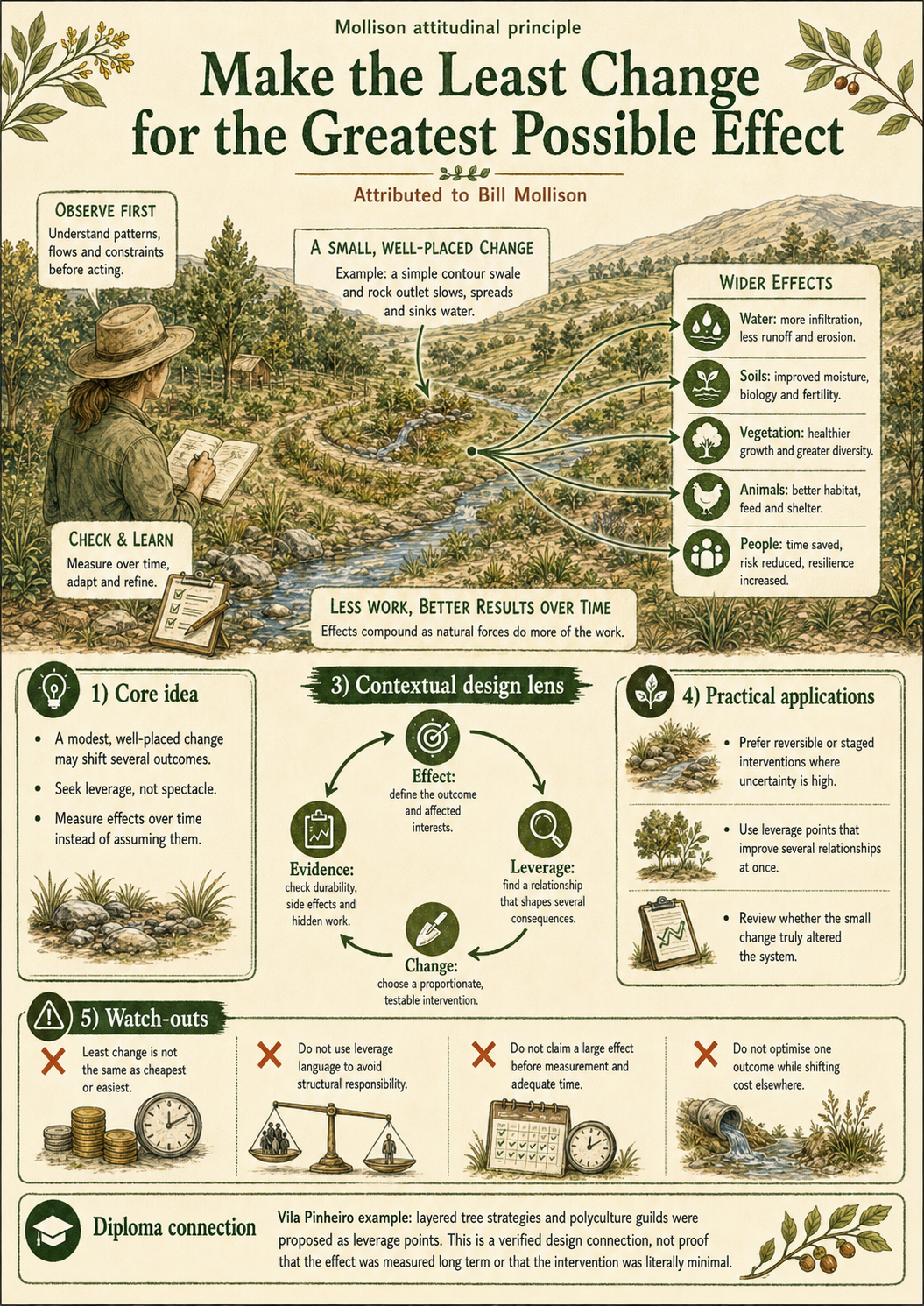 Portrait educational infographic for Make the Least Change for the Greatest Possible Effect, showing a small contour intervention whose wider effects on water, soil, vegetation, animals and people must be measured over time.
