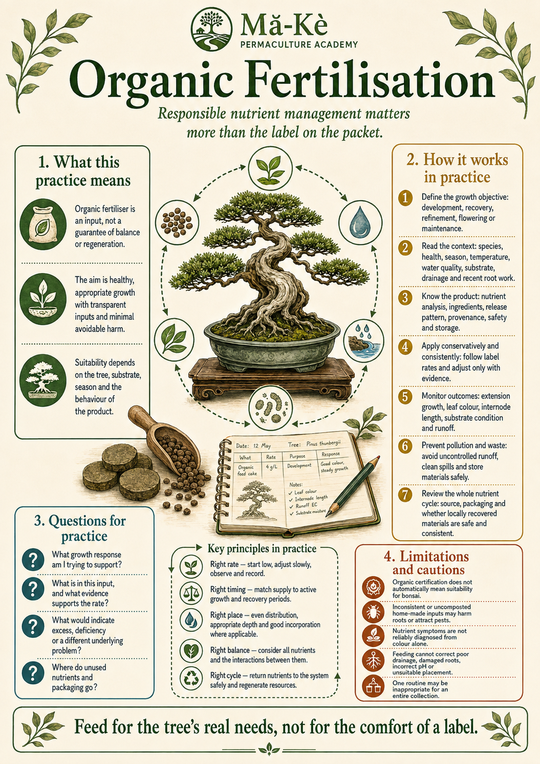 Bonsai, organic feed, water and soil-organism symbols with a feeding record showing rate, purpose, response, runoff and substrate moisture.
