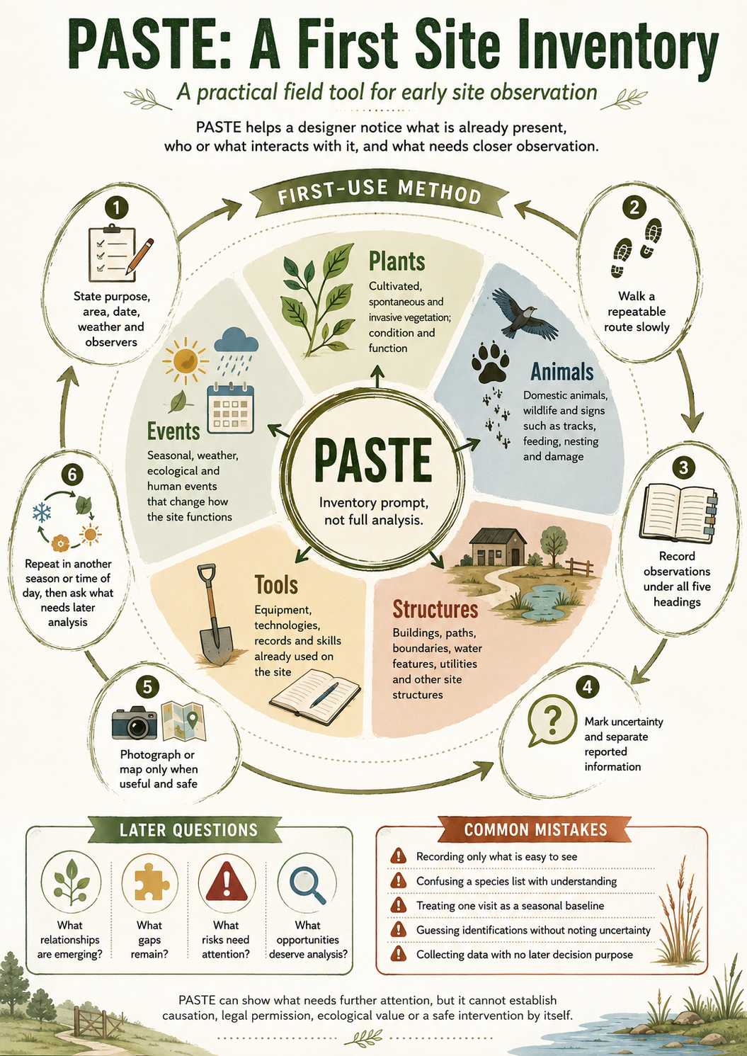 An illustrated first-use PASTE site inventory covering Plants, Animals, Structures, Tools and Events, with a repeatable observation method and common mistakes.