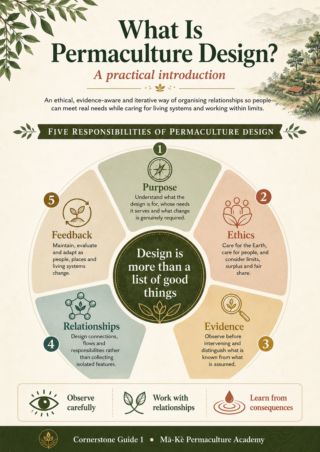 Five connected responsibilities in Mark D’Cruz’s permaculture-design teaching synthesis: Purpose, Ethics, Evidence, Relationships and Feedback.