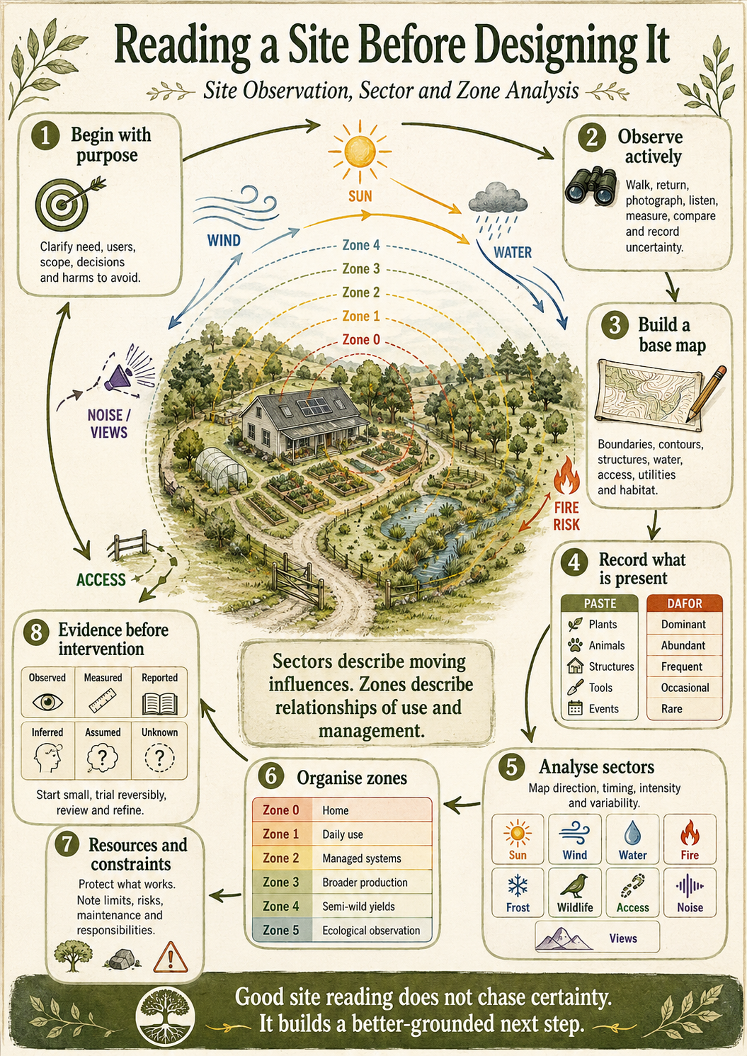 An illustrated site-reading sequence combining purpose, active observation, base mapping, PASTE and DAFOR inventories, sector analysis, zone analysis, resources, constraints and evidence checks.