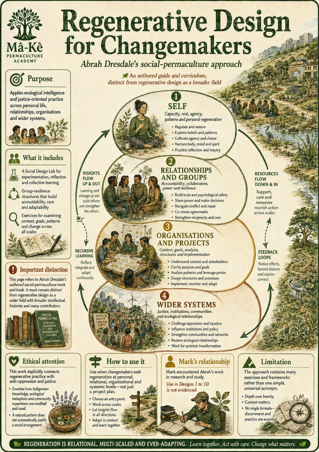 Portrait educational infographic for Regenerative Design for Changemakers, showing Abrah Dresdale’s social-permaculture approach across self, relationships and groups, organisations and projects, and wider systems.
