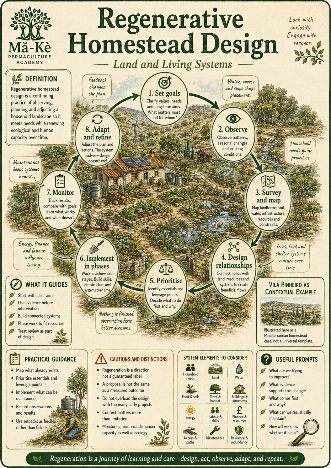 Portrait infographic showing an eight-stage regenerative homestead design cycle from goals, observation and survey through relationships, priorities, phased implementation, monitoring and adaptation.