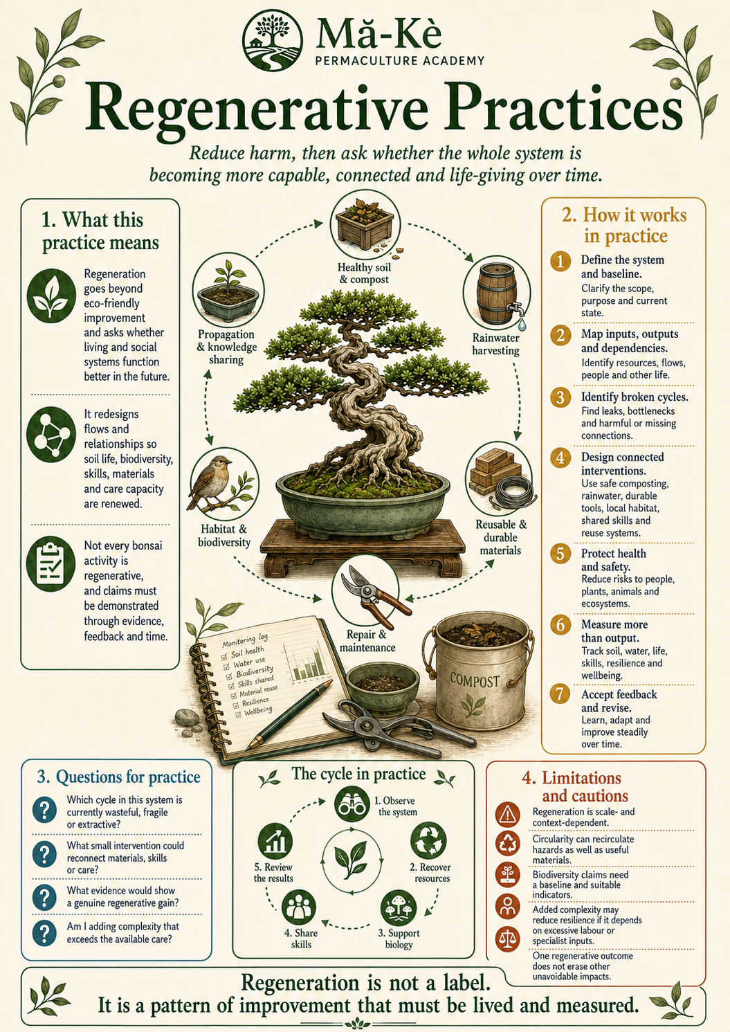 Bonsai connected with compost, rainwater, reusable materials, repair, habitat, biodiversity and shared skills, with a cycle for observing, recovering resources, supporting biology and reviewing results.