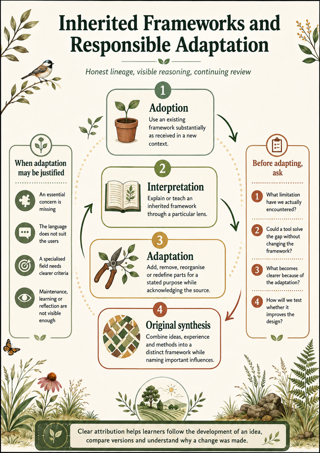 Four forms of work with inherited frameworks: adoption, interpretation, adaptation and original synthesis, accompanied by questions for responsible adaptation.
