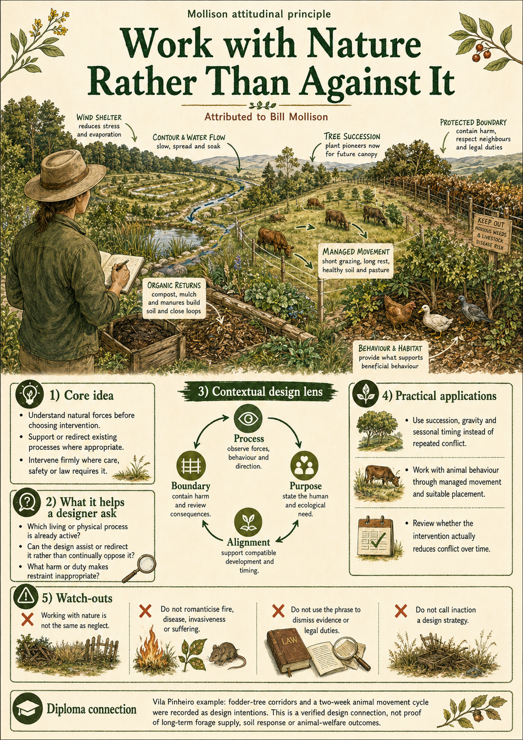 Portrait educational infographic for Work with Nature Rather Than Against It, showing water flow, shelter, succession, managed grazing and organic returns aligned with purpose and protective boundaries.