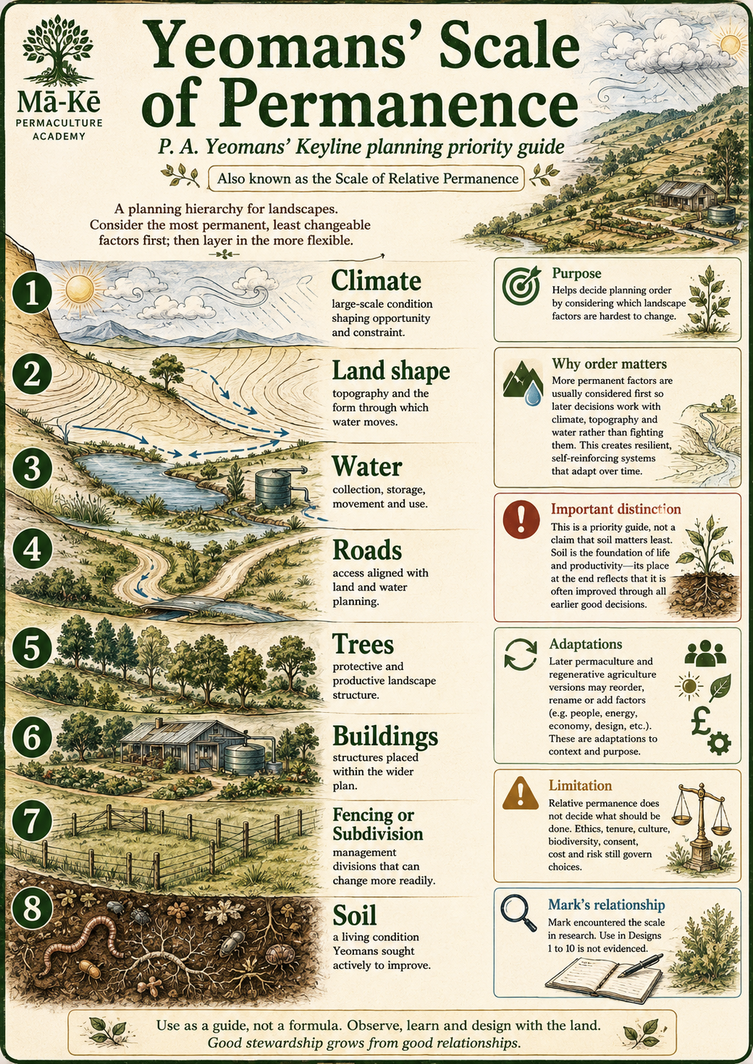 Portrait educational infographic for Yeomans’ Scale of Permanence, showing a landscape planning hierarchy from climate and land shape through water, roads, trees, buildings, subdivision and soil.